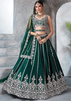 bottle green raw silk lehenga set