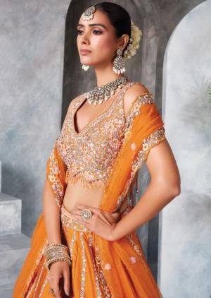 orange raw silk lehenga set
