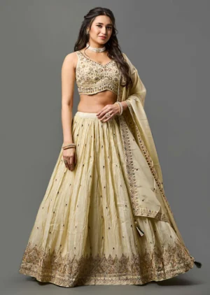 beige tissue silk lehenga
