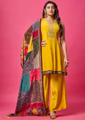 yellow crepe anarkali suit